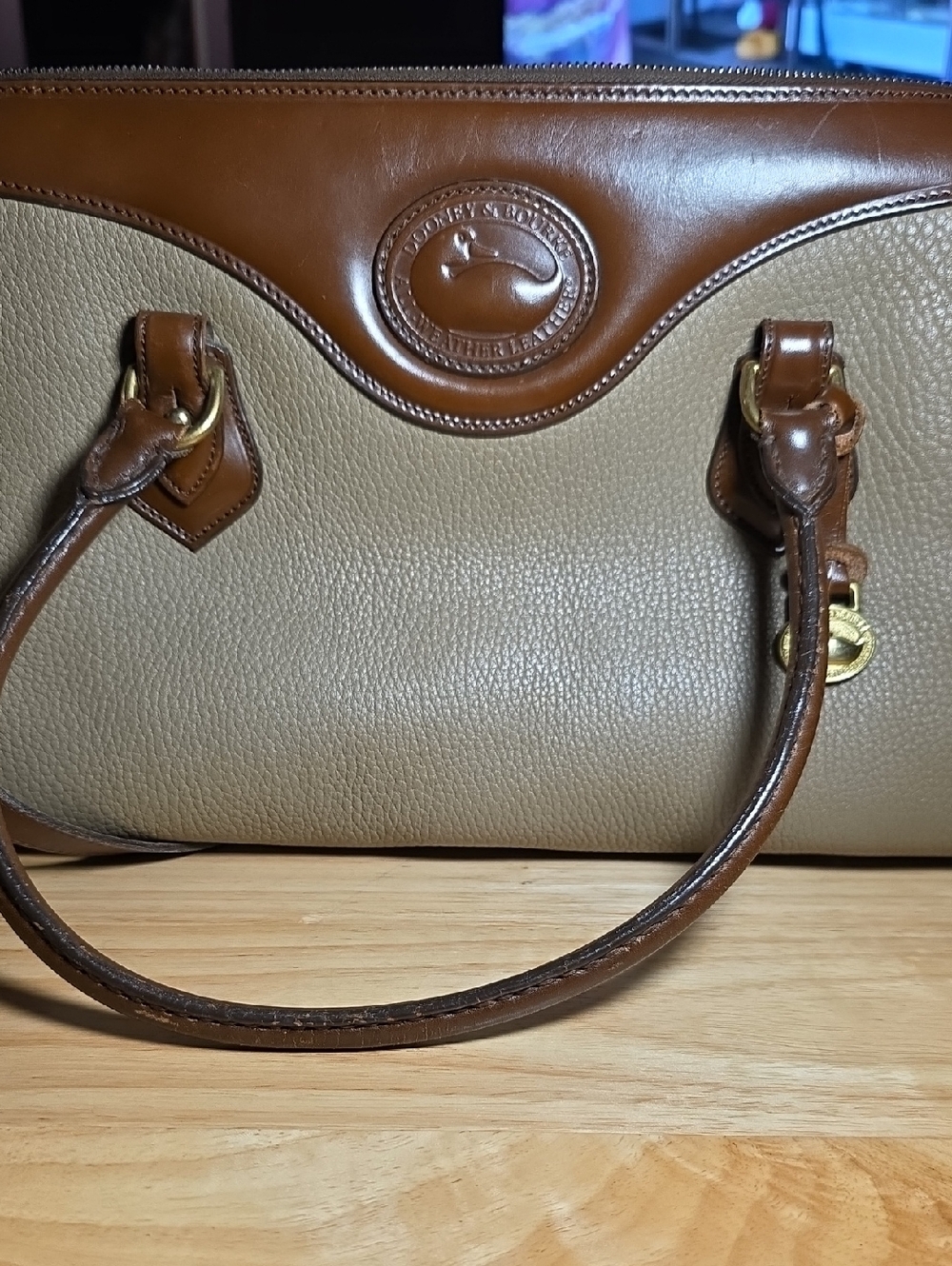 Dooney & Bourke Tan Pebble Leather Satchel with Brown Trim